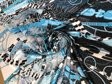 Satin charmeuse digital print 54&quot; wide    Beautiful blue black white belt design      Soft silky fabric sold by the yard