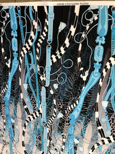 Satin charmeuse digital print 54" wide    Beautiful blue black white belt design      Soft silky fabric sold by the yard