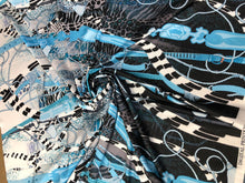 Satin charmeuse digital print 54&quot; wide    Beautiful blue black white belt design      Soft silky fabric sold by the yard