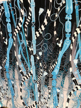 Satin charmeuse digital print 54&quot; wide    Beautiful blue black white belt design      Soft silky fabric sold by the yard