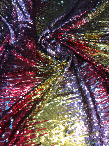 Multi color sequins 54" wide     Beautiful red gold purple color combo    Fabric sold by the yard