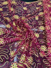 Glitter sequins corded mesh lace 50&quot; wide    Beautiful fusia mesh with gold embroidery fabric sold by the yard