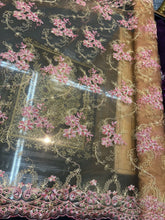 Gold mesh lace doubke side border 50&quot; wide     Beautiful gold meah woth pink embroidery   Fabric sold by the yard