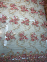 Gold mesh lace doubke side border 50&quot; wide     Beautiful gold meah woth pink embroidery   Fabric sold by the yard