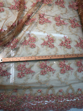 Gold mesh lace doubke side border 50&quot; wide     Beautiful gold meah woth pink embroidery   Fabric sold by the yard