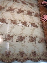 Floral Embroidered mesh 50&quot; wide    Beautiful gold mesh with brown flower embroidery   Fabric sold by the yard