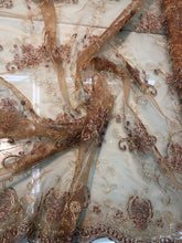 Floral Embroidered mesh 50&quot; wide    Beautiful gold mesh with brown flower embroidery   Fabric sold by the yard