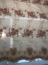 Floral Embroidered mesh 50&quot; wide    Beautiful gold mesh with brown flower embroidery   Fabric sold by the yard