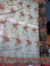 Lace embroidery 50&quot; wide    Beautiful black mesh with red gild floral embroidery      Fabric sold by the yard