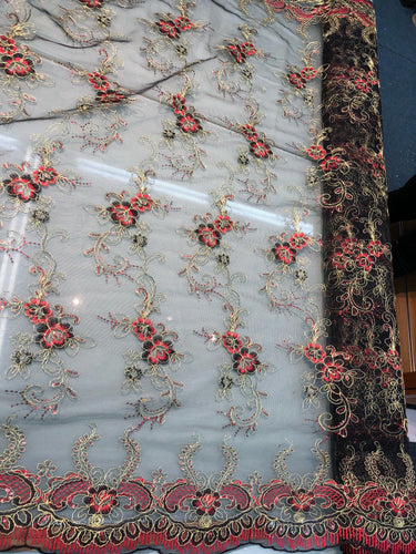 Lace embroidery 50" wide    Beautiful black mesh with red gild floral embroidery      Fabric sold by the yard