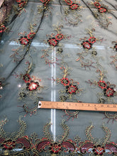 Lace embroidery 50&quot; wide    Beautiful black mesh with red gild floral embroidery      Fabric sold by the yard