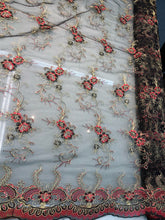 Lace embroidery 50&quot; wide    Beautiful black mesh with red gild floral embroidery      Fabric sold by the yard
