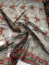 Lace embroidery 50&quot; wide    Beautiful black mesh with red gild floral embroidery      Fabric sold by the yard