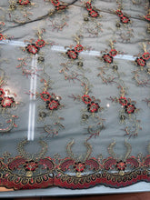 Lace embroidery 50&quot; wide    Beautiful black mesh with red gild floral embroidery      Fabric sold by the yard