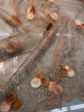 Embroidered lace on net 50&quot; wide     Beautiful champagne color embroided net fabric sold by the yard