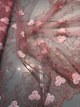 Embroidered net lace 50&quot; wide    Beautiful baby pink color embroidery on mesh   Fabric sold by the yard