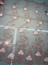 Embroidered net lace 50&quot; wide    Beautiful baby pink color embroidery on mesh   Fabric sold by the yard