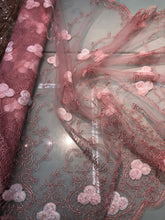 Embroidered net lace 50&quot; wide    Beautiful baby pink color embroidery on mesh   Fabric sold by the yard