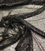 Black sequins on swirl meah fabric 52&quot; wide   Fabric sold by the yard
