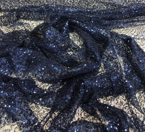 Navy blue sequins on sheer mesh fabric 52" wide    Fabric sold by the yard