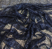 Navy blue sequins on sheer mesh fabric 52&quot; wide    Fabric sold by the yard