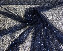 Navy blue sequins on sheer mesh fabric 52&quot; wide    Fabric sold by the yard