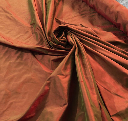 Silk shantung 54" wide   Beautiful iridescent burnt red orange green color silk taffeta fabric sold by the yard