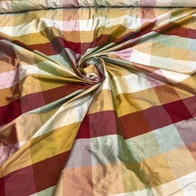 Silk shantung plaid 54&quot; wide   Beautiful wine green gold color combination silk shantung fabric sold by the yard