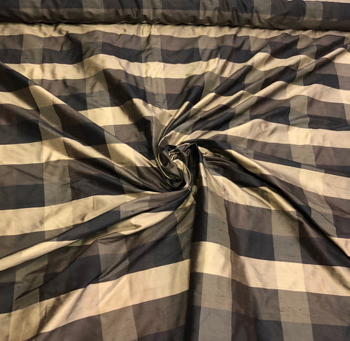 Silk shantung plaid 54" wide    Beautiful black gold tan color silk shantung fabric sold by the yard