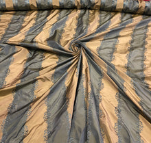 Silk taffeta 54&quot; wide    Beautiful teal blue with gold jaquard stripe silk taffeta fabric sold by the yard