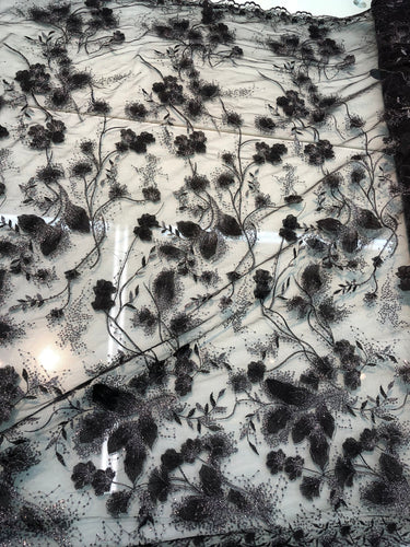 Floral embroidery design on mesh with sequins glitter on mesh fabric sold by the yard