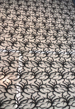 Hand beaded floral design black lace on meah fabric sold by the yard