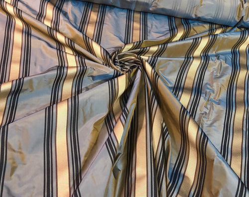 Silk taffeta 54" wide    Beautiful blue with black gold ribbing stripe silk taffeta fabric sold by the yard