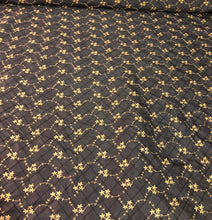 Silk shantung 52&quot; wide    Beautiful black diamond pintuck with gold flower embroidery shanting fabric sold by the yard
