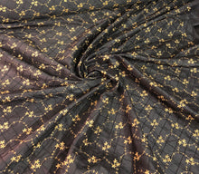 Silk shantung 52&quot; wide    Beautiful black diamond pintuck with gold flower embroidery shanting fabric sold by the yard