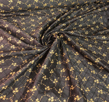 Silk shantung 52&quot; wide    Beautiful black diamond pintuck with gold flower embroidery shanting fabric sold by the yard