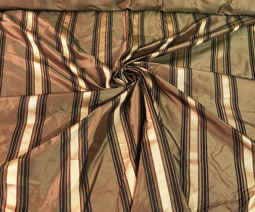 Silk taffeta 54" wide   Beautiful bronze with black and gold ribbing stripe silk taffeta fabric sold by the yard