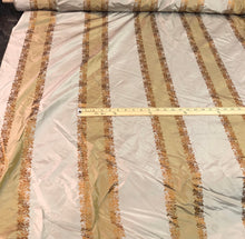 Silk taffeta 54&quot; wide   Beautiful grayish taupe rust gold stripe with ruat gold striped floral jaquard silk taffeta fabric sold by the yard