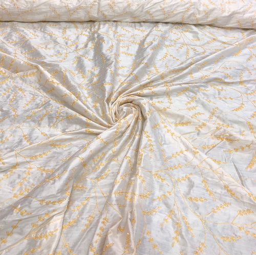 100% silk shantung hand embroidery 54" wide    Beautiful white shantung/ yellow gold hand embroidered silk shantung fabric sold by the yard