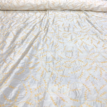 100% silk shantung hand embroidery 54&quot; wide    Beautiful white shantung/ yellow gold hand embroidered silk shantung fabric sold by the yard