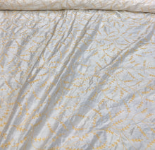 100% silk shantung hand embroidery 54&quot; wide    Beautiful white shantung/ yellow gold hand embroidered silk shantung fabric sold by the yard