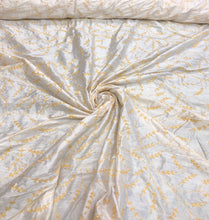 100% silk shantung hand embroidery 54&quot; wide    Beautiful white shantung/ yellow gold hand embroidered silk shantung fabric sold by the yard