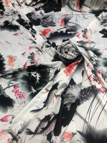 Satin charmeuse digital print 54" wide    Beautiful white black red colors silky satin charmeuse fabric sold by the yard