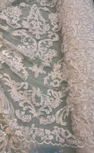 Hand beaded re-embroided bridal lace, 52” wide