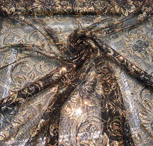 Allover floral pattern sequins 56" wide   Beautiful black & gold floral pattern sequins fabric sold by the yard