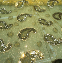 Sequins allover paisley design 54&quot; wide   Beautiful gold paisley design sequins on net fabric sold by the yard