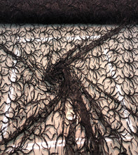 Hand beaded floral design black lace on meah fabric sold by the yard