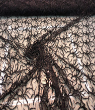 Hand beaded floral design black lace on meah fabric sold by the yard