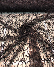 Hand beaded floral design black lace on meah fabric sold by the yard