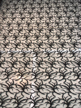 Hand beaded floral design black lace on meah fabric sold by the yard